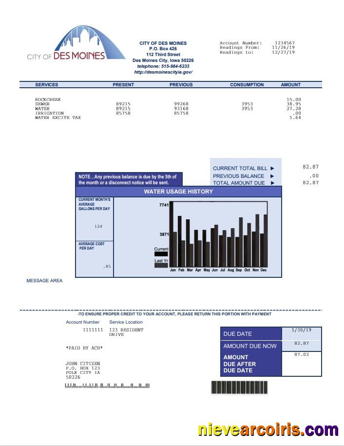 USA Iowa City of Des Moines water utility bill